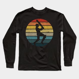 Cricket Player Silhouette On A Distressed Retro Sunset graphic Long Sleeve T-Shirt